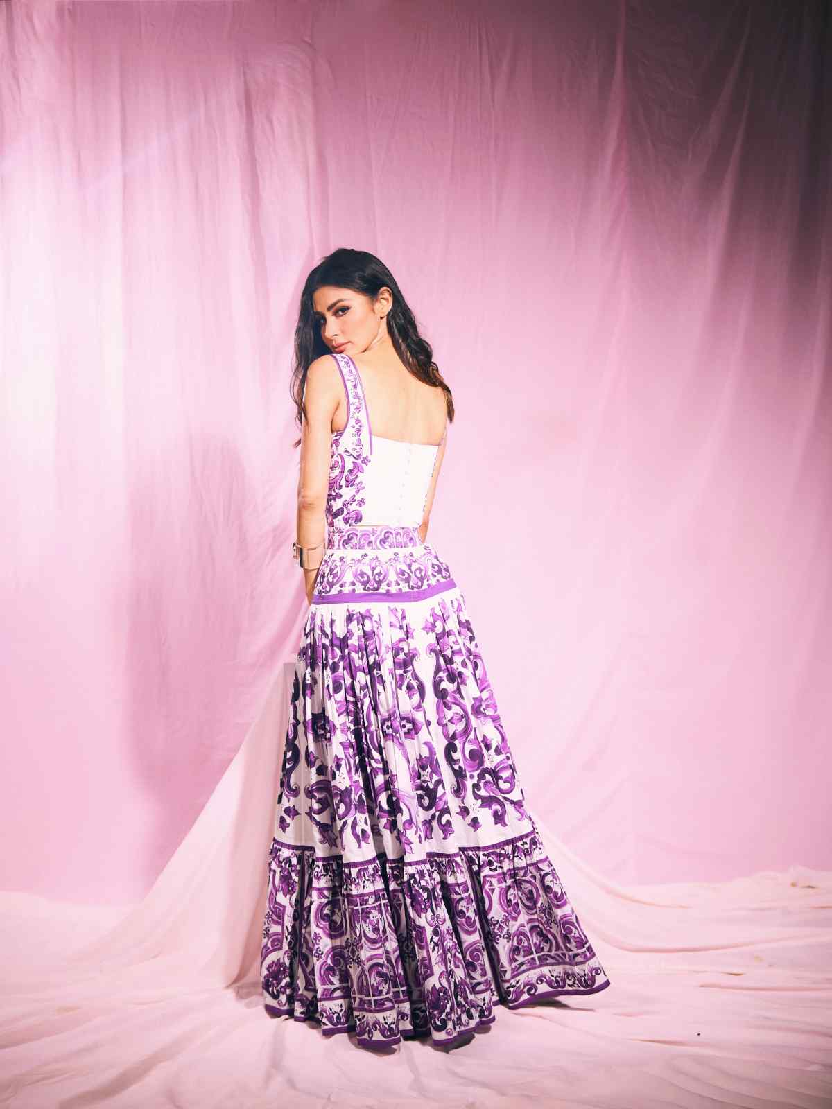 Mouni Roy in purple floral dress