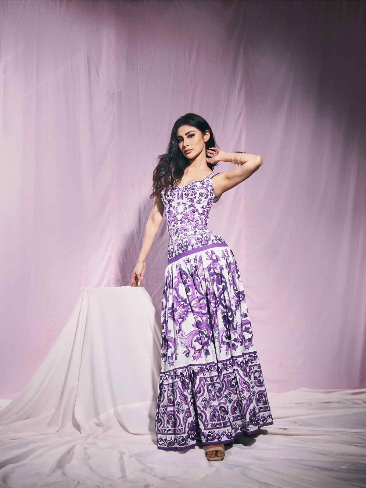 Mouni Roy in purple floral dress